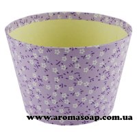 Cardboard planter for flowers, round, low, Lilac with white flowers