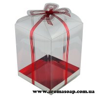 Plastic box with a red bow and a red bottom